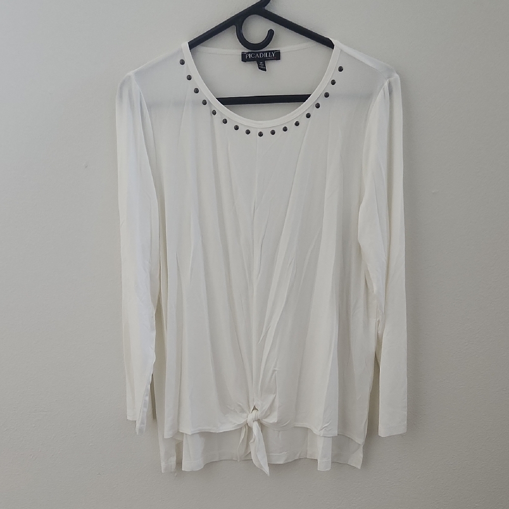 Picadilly Studded Neckline White Long Sleeve Women's Top